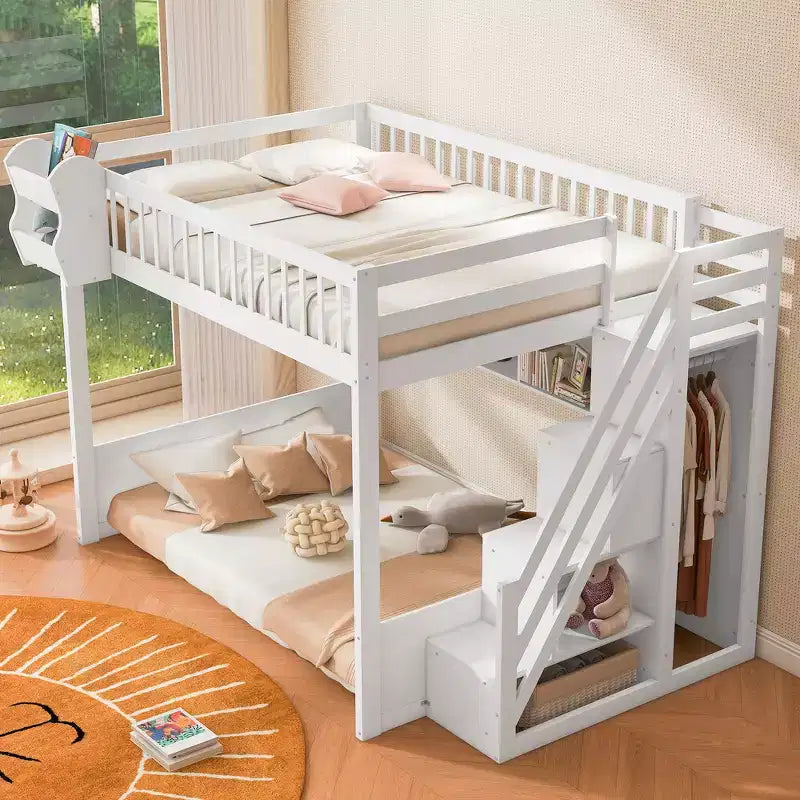 Queen Loft Bed Frame with Staircase, Wardrobe & Storage Shelves - MDF, 650 lb