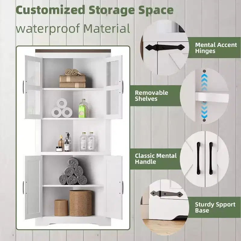 69 Tall Corner Cabinet, Farmhouse Corner Storage Cabinet, Space Saving Storage, Glass Door, Adjustable Shelves, for Living Room, Kitchen