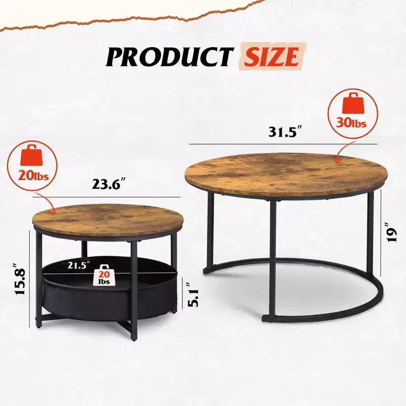 GALAXHERO Set of 2 Nesting Round Coffee Tables - 31.5 Center Tables with Storage & Metal Frame for Living Room/Apartment