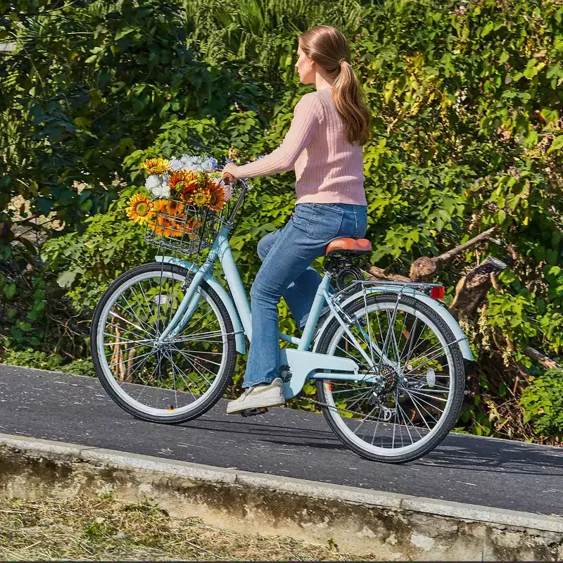 VEVOR Cruiser Bike, 7-Speed, 26-Inch Light Blue Beach Cruiser Bike with Large Capacity Basket and Rear Rack, Secure & Sturdy Cruiser Bike,Light Blue