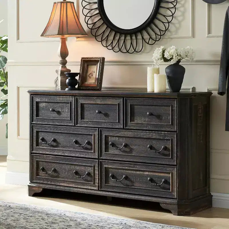 54 7-Drawer Dresser for Bedroom, Vintage Rustic Wide Chest of Drawers for Living Room & Hallway
