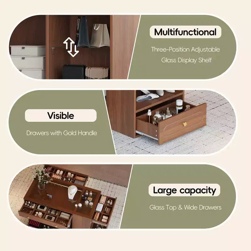 Closet Island with 6 Drawers, Glass Display Top & Open Shelves
