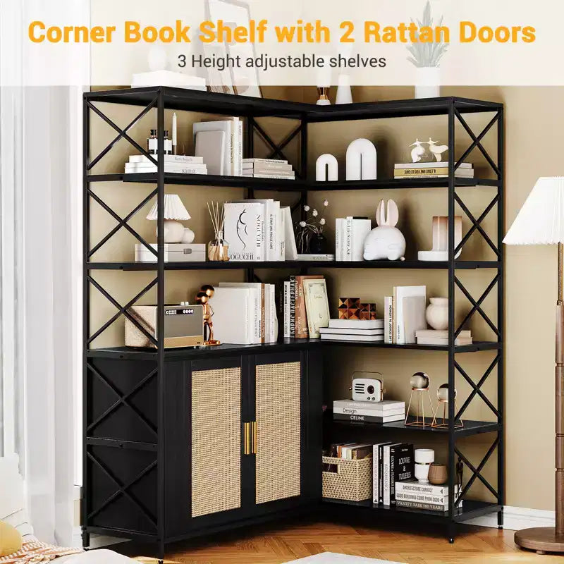 Corner Bookshelf - 6 Tier Corner Book Shelf with Storage, Farmhouse L Shaped Book-Shelf with Cabinet, Modern Industrial Bookcase for Home Office