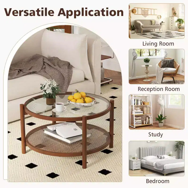 31 Round Coffee Table with Tempered Glass Top & Rattan Shelf