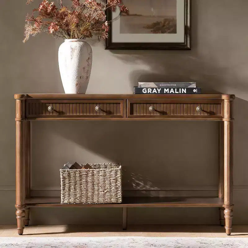 47.2 Walnut Console Table with 2 Fluted Drawers & Lower Shelf