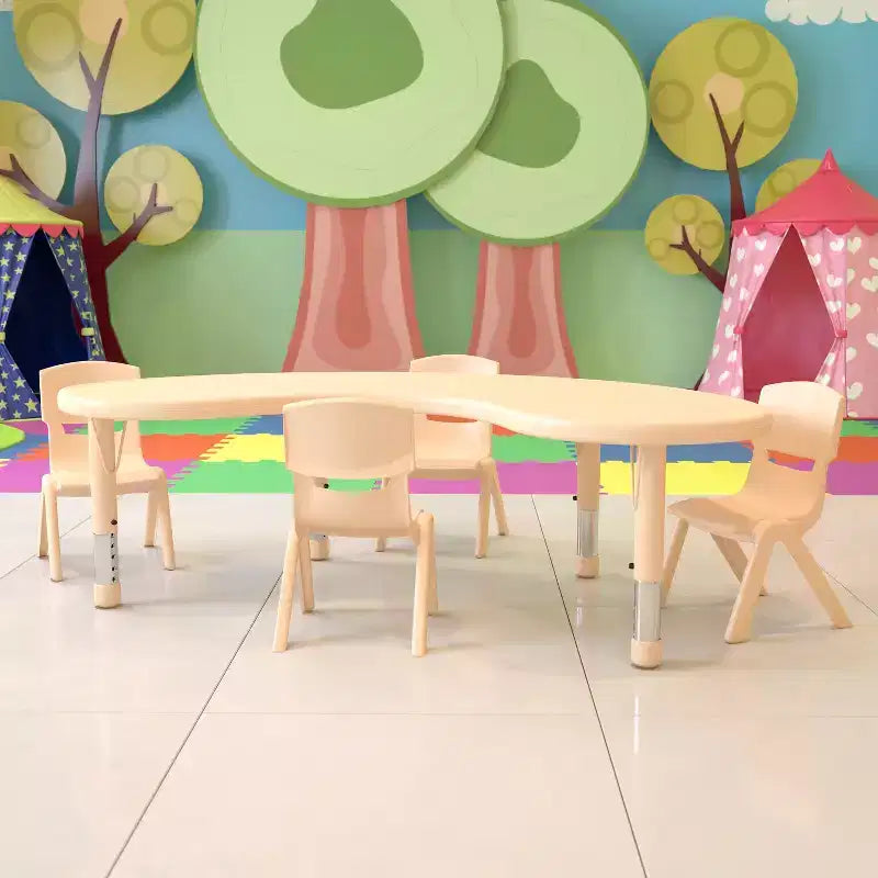 Emma and Oliver 35W x 65L Half-Moon Plastic Height Adjustable Activity Table Set with 4 Chairs