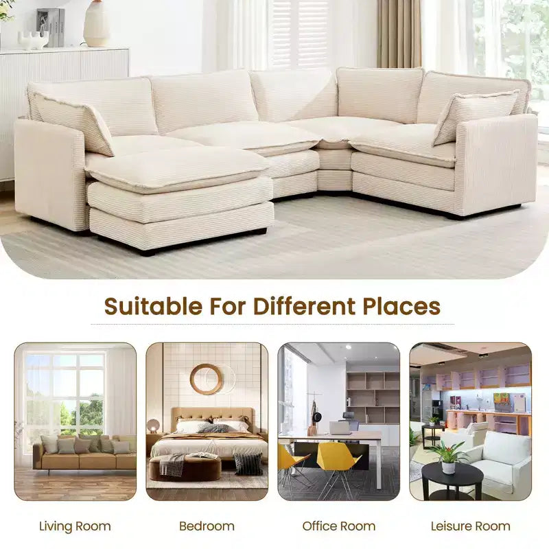Modern 113.4D*79.13W Oversized Corduroy Modular 5-Seat Sectional Sofa Set with Ottoman U Shaped Sofa Couch with Corner Sofa,HYLEORY
