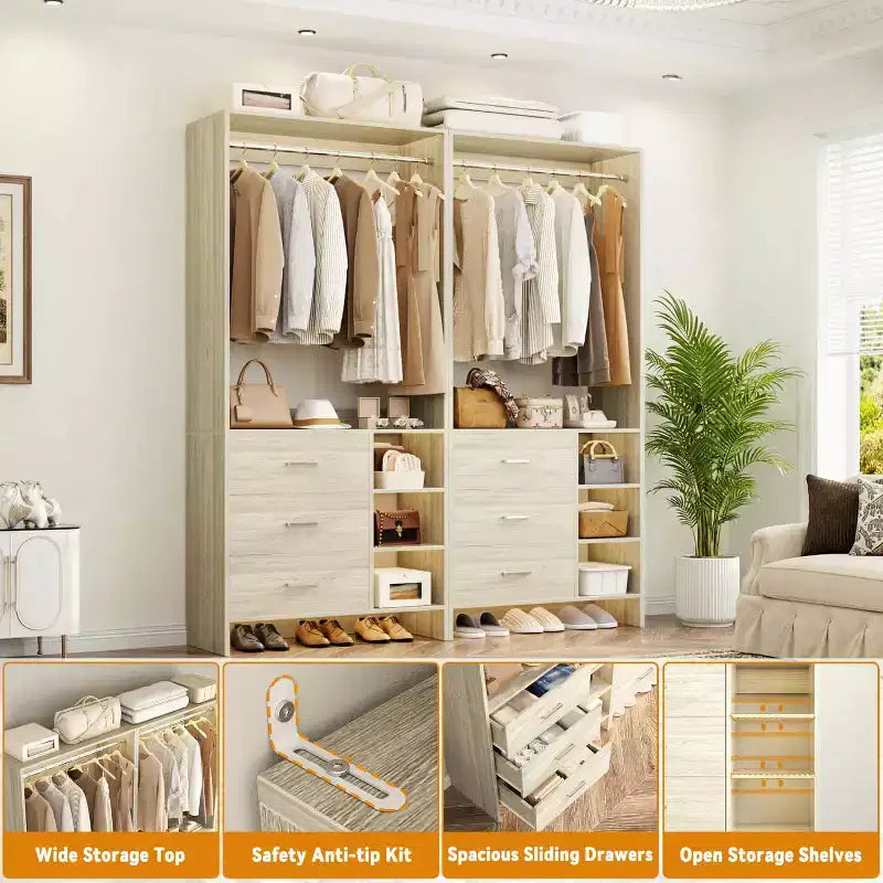 Besiost Set of 4 Closet Organizer with Wooden Drawers and Hanging Rods