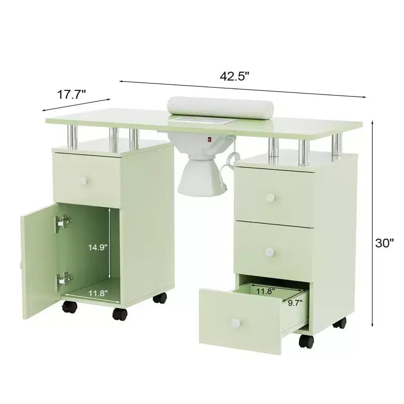 42.5 in. White MDF 3-Drawer Manicure Table Nail Desk with Storage, Doors, Electric Dust Collector