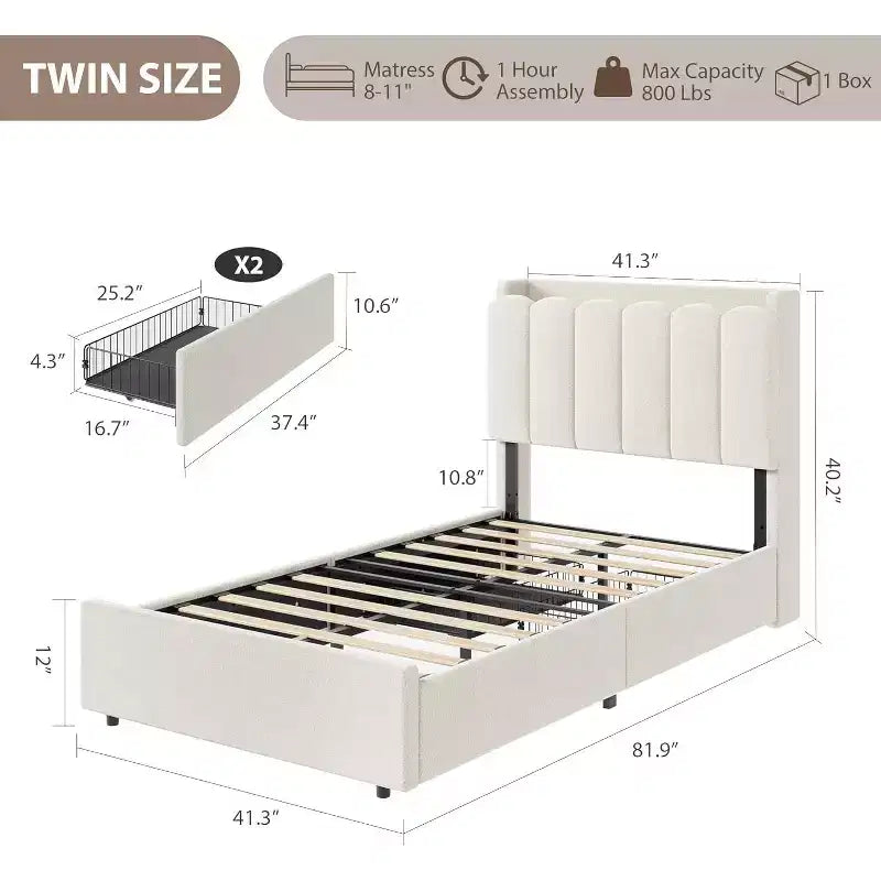 Bed frame with storage headboard, childrens bed frame with 2 drawers, fabric upholstered platform bed, contoured headboard with bookshelf