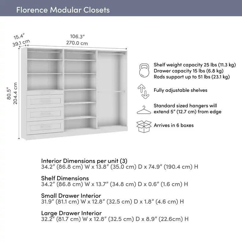 107 Modular Walk-In Closet System with Rods, Shelves and Drawers Shaker Style