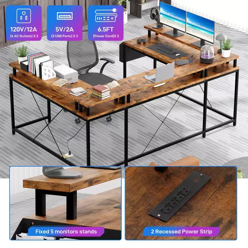 Large U-Shaped Corner Computer Desk with Power, LED Lights, Monitor Stand and Storage for Home Office & Executive Use