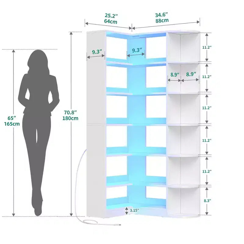 6 Tier Bookshelf with LED Light 70.8inch Modern Bookcase, L-Shaped Bookcase Corner shelf Storage Organizer Display Shelf