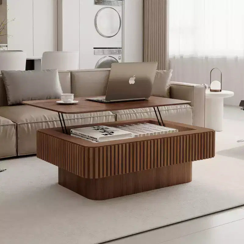 JVNOXK 38.6 Fluted Lift-Top Coffee Table with Storage, Solid Wood Veneer Adjustable Height Modern Accent Table for Living Room, Bedroom, Walnut