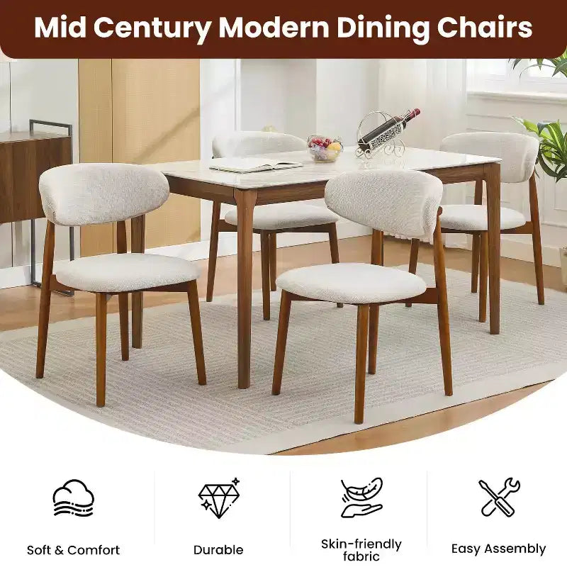 Dining Chairs Set of 4, Mid Century Modern Upholstered Dining Room Chairs, Farmhouse Kitchen Chairs with Padded Fabric Seat & Wood Legs, Beige