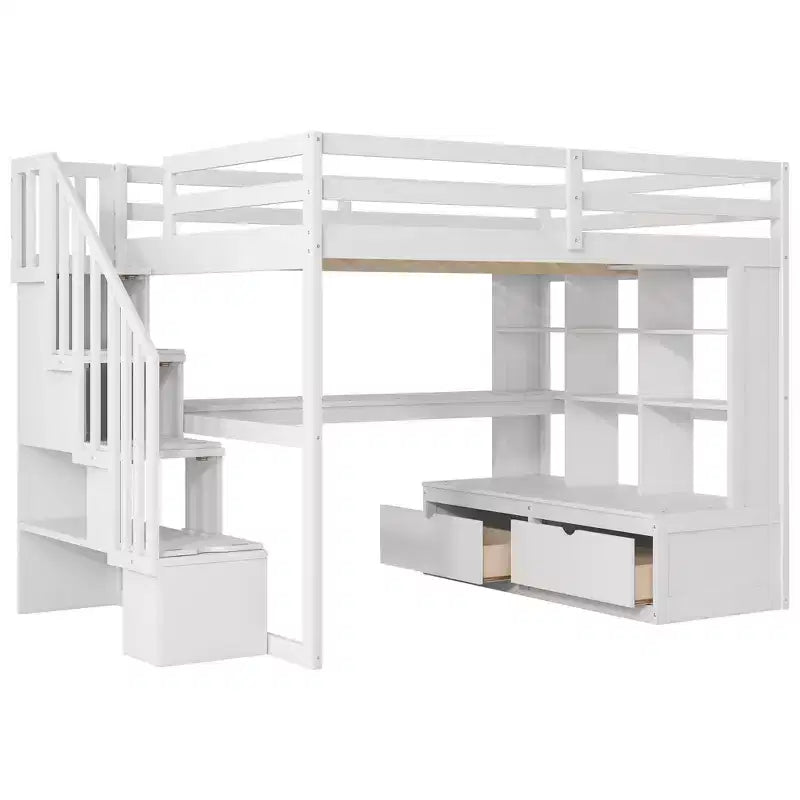 Full Size Loft Bed with Stairs and Desk, Wood Loft Beds Frame with Storage Drawers and Bookcase Shelves for Adults Teens Kids