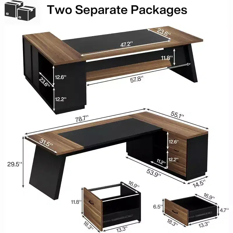 Lantine Modern 78 L-Shaped Executive Desk with Drawers and Lateral File Cabinet