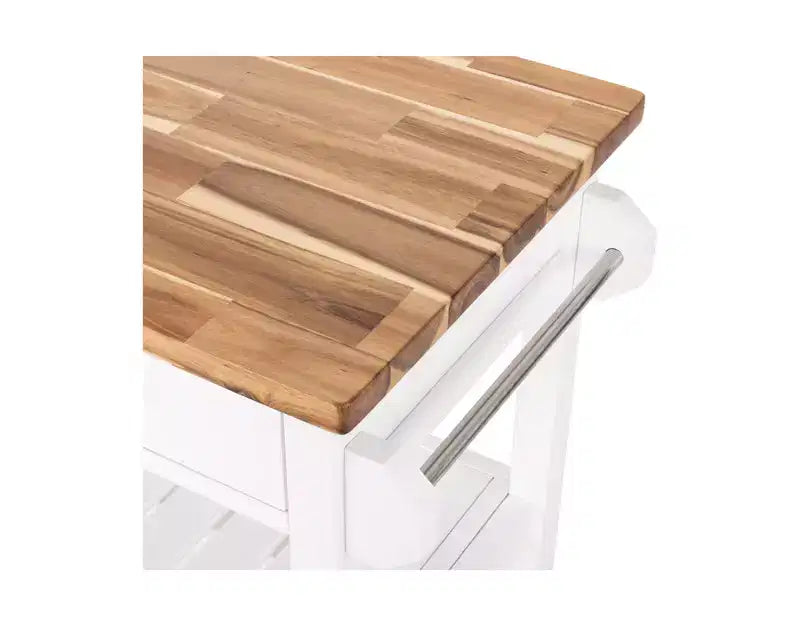 Desserte de cuisine roulante avec plateau en bois d'acacia, tiroirs, 97,5 cm L x 47 cm P, Blanc