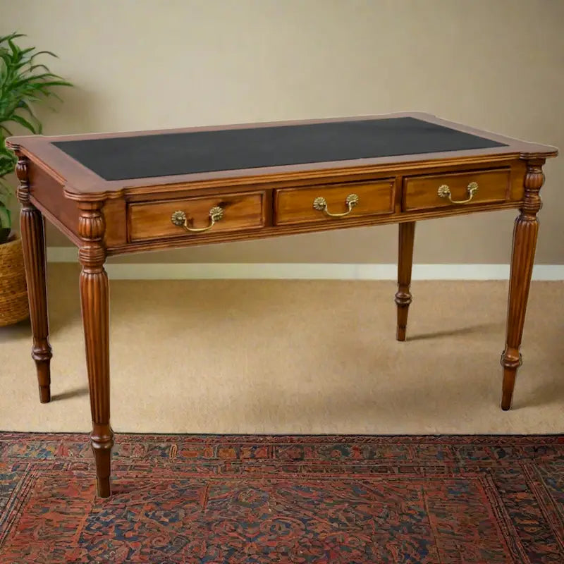 Dark Brown / Light Brown Victorian-Style Solid Mahogany Desk with Black Leather Top and 3 Drawers �C Single Unit