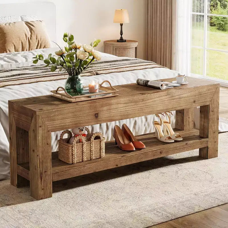 47.24 Solid Wood Entryway Bench with Open Shelves, Rustic Brown