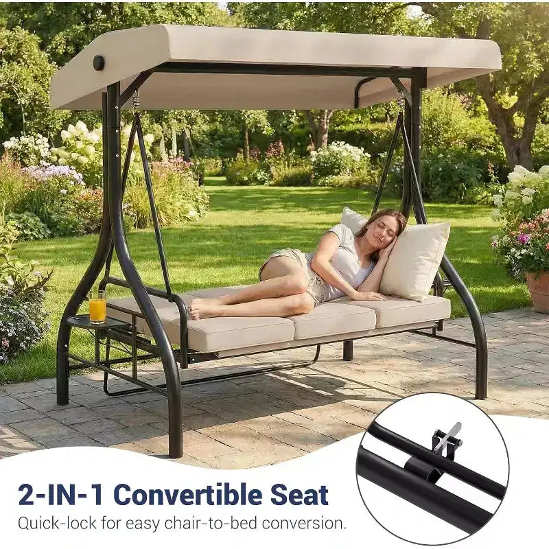 2-in-1 Convertible 3-Seat Outdoor Swing Chair with Adjustable Canopy,Patio Swing Bed with Stand,Thick Cushions&Cup Holders,for Backyard,Garden,Porch