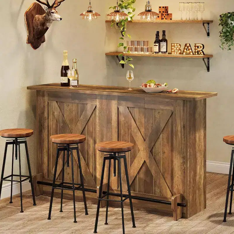 Lantine 63-Inch Bar Table, 2-Tier Bar Cabinet Height Pub Table with Footrest for Home Kitchen, Bistro, Dining Room, Living Room, Brown