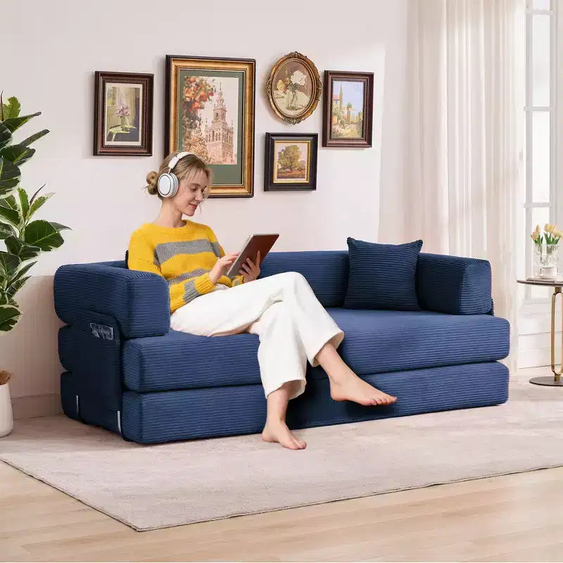 Modern 79 Corduroy Futon Sofa Bed for Small Spaces, 5-in-1 Convertible Sleeper Couch with Removable Armrests & Pillows