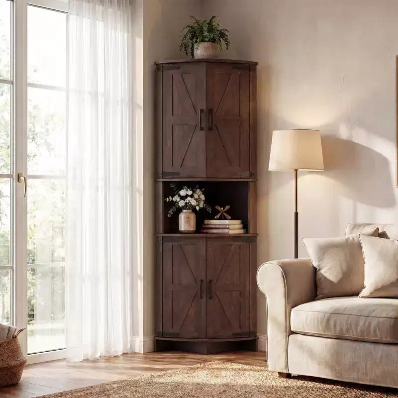 64.8 Tall Corner Cabinet with Doors, Brown Farmhouse Corner Storage Cabinet, Freestanding Corner Pantry Cabinet with Adjustable Shelves