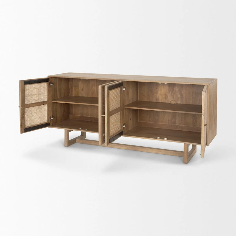 Grier Light Brown Solid Wood with Cane 4 Door Sideboard - 72.0L x 18.0W x 31.0H