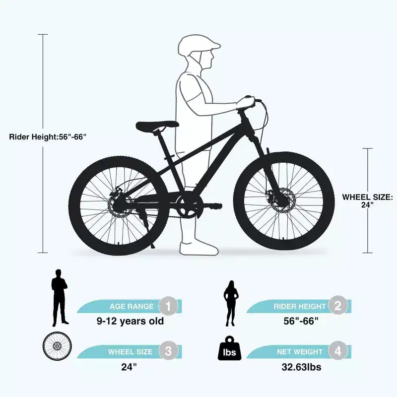 NAYSAYE 24 Inch Mountain Bike Kids Bike with Suspension Fork Steel Frame for Kids Aged 9 to 12 Years, Cyan, 63.78*24.8*37.2