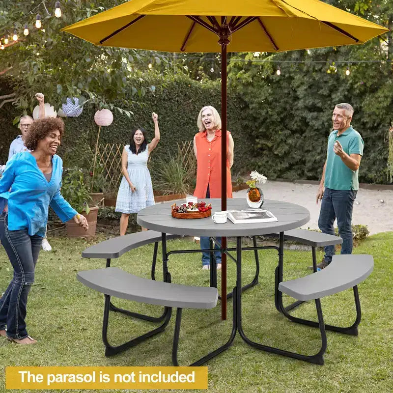 Costway Outdoor 8-person Round Picnic Table Bench Set with 4 Benches & Umbrella Hole Black/Grey/Green/White