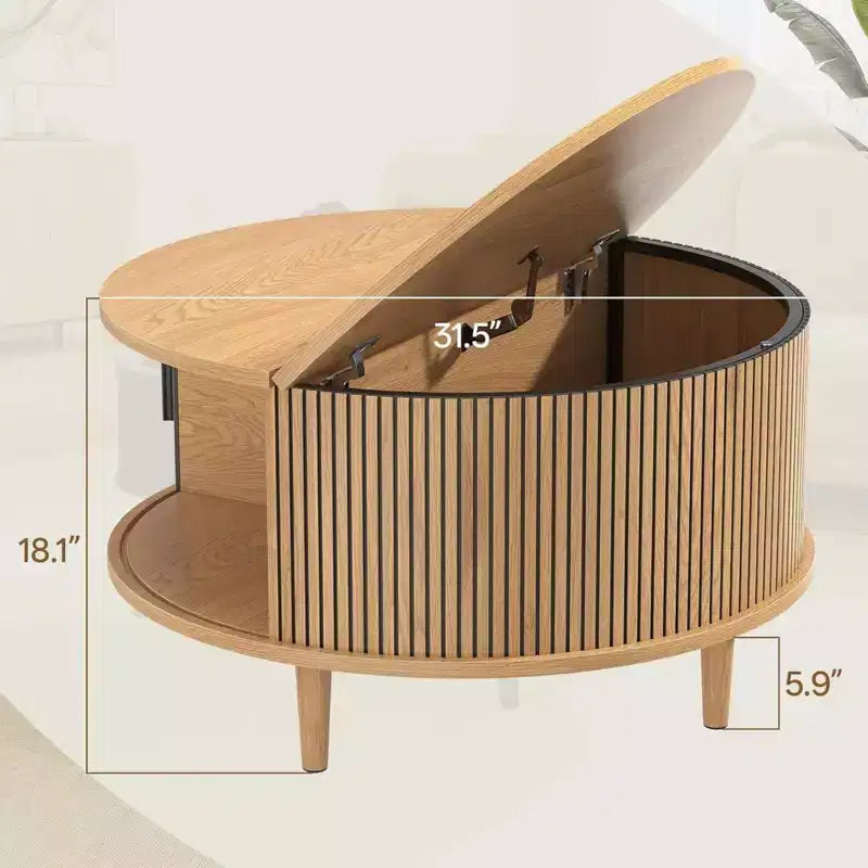 Table Basse Ronde avec Rangement NAYSAYE, Table Centrale Cannelée de 80 cm pour Salon, Table d'Appoint Circulaire Moderne en Noyer pour Petit Espace