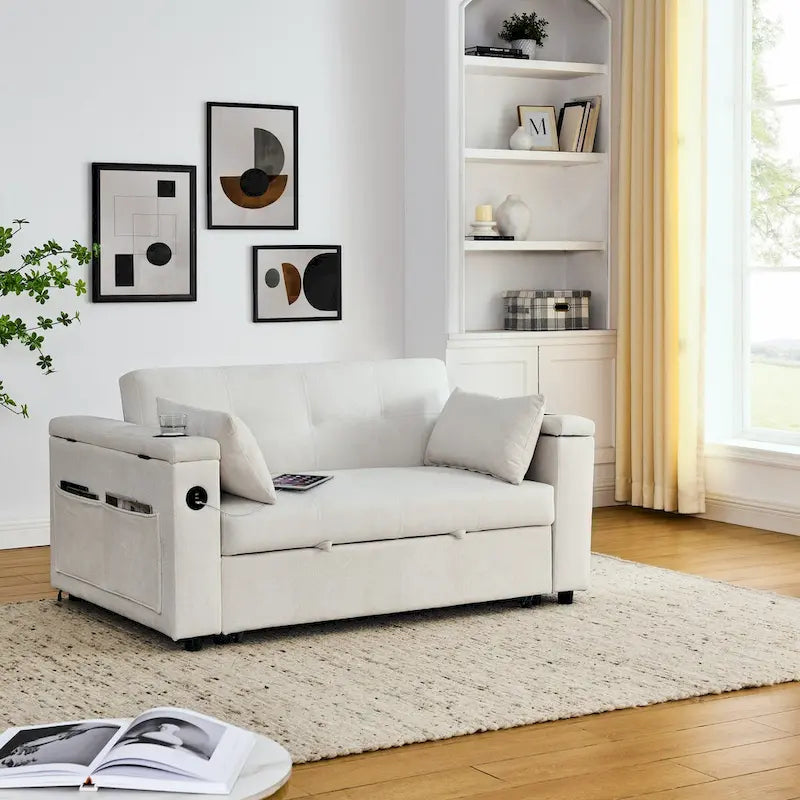 54 Pull-Out Sleeper Sofa Bed, 2 Seat Recliner Sofa Bed with Storage, Lumbar Pillow, USB Power Outlet