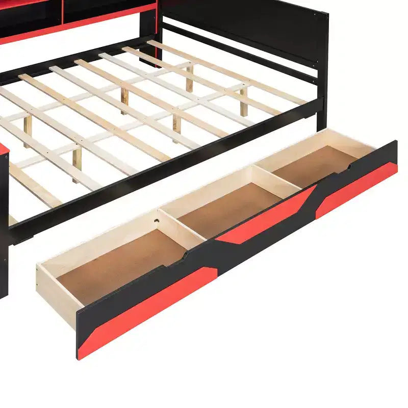 Gamer Hub Daybed with Desk, RGB Lights, Charging Station, Storage Drawers & Bookcase Headboard
