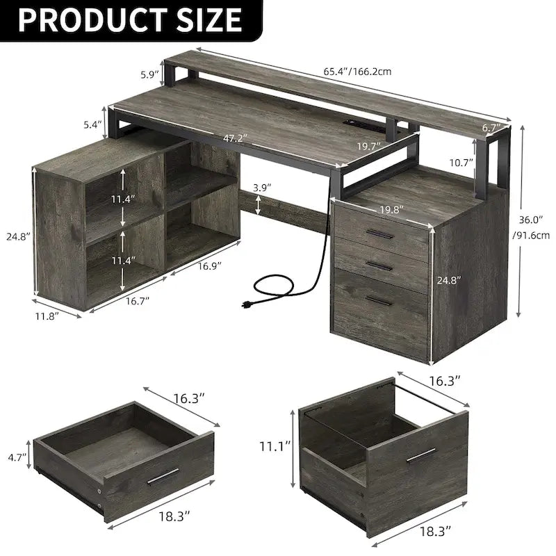 Bureau d'angle en L de 65 po avec DEL RVB, support pour moniteur et armoire de rangement – 1 personne | Blanc / Chêne / Gris anthracite / Noir