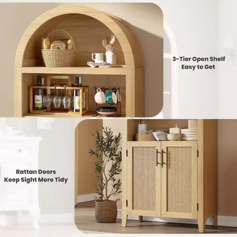 Acekool Arched Pantry Cabinet with Rattan Doors, 5-Tier Farmhouse Storage Cabinet for Kitchen Dining Living Room