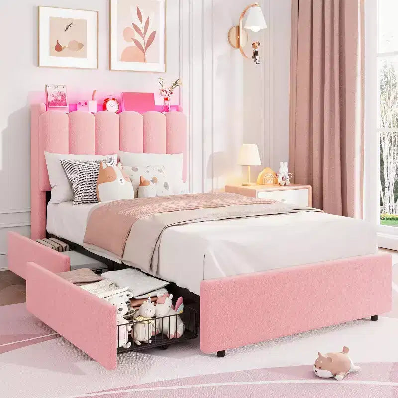 Bed frame with storage headboard, childrens bed frame with 2 drawers, fabric upholstered platform bed, contoured headboard with bookshelf