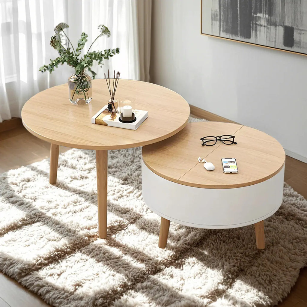 Black White Modern Round Wood Coffee Table with Storage
