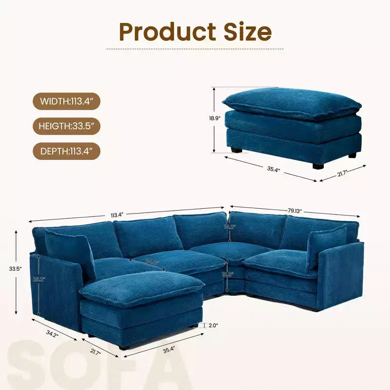 Modern 113.4D*79.13W Oversized Corduroy Modular 5-Seat Sectional Sofa Set with Ottoman U Shaped Sofa Couch with Corner Sofa,HYLEORY