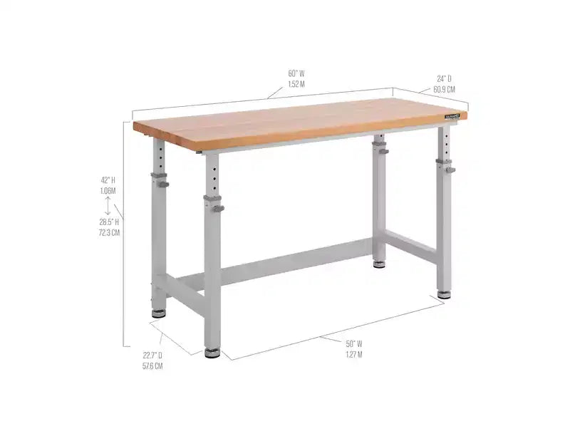 Heavy Duty 60 Adjustable Height Workbench Table with Wood Top