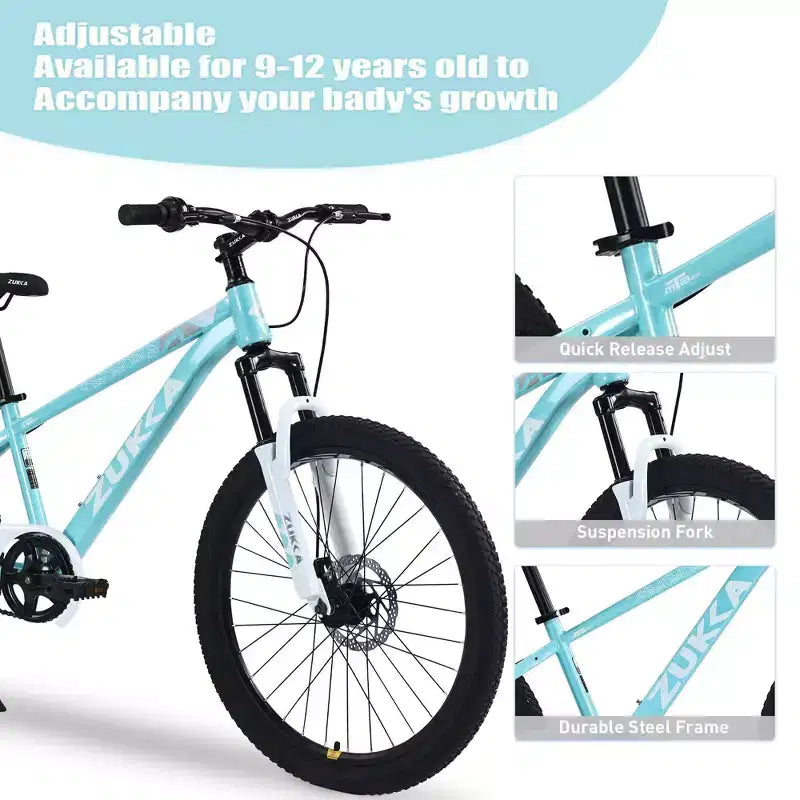 NAYSAYE 24 Inch Mountain Bike Kids Bike with Suspension Fork Steel Frame for Kids Aged 9 to 12 Years, Cyan, 63.78*24.8*37.2