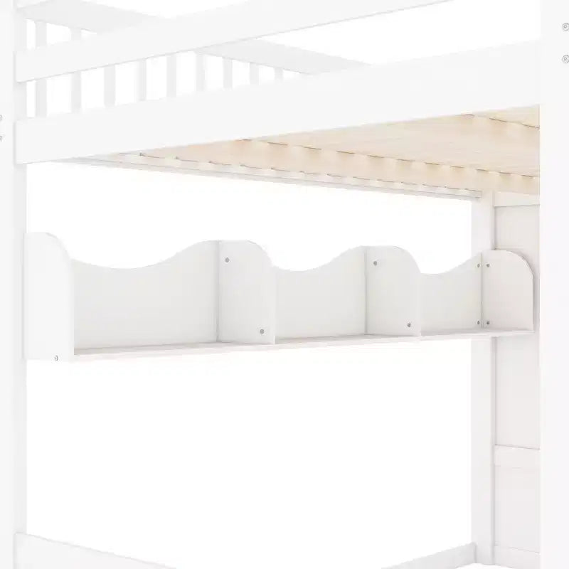 Queen Loft Bed Frame with Staircase, Wardrobe & Storage Shelves - MDF, 650 lb