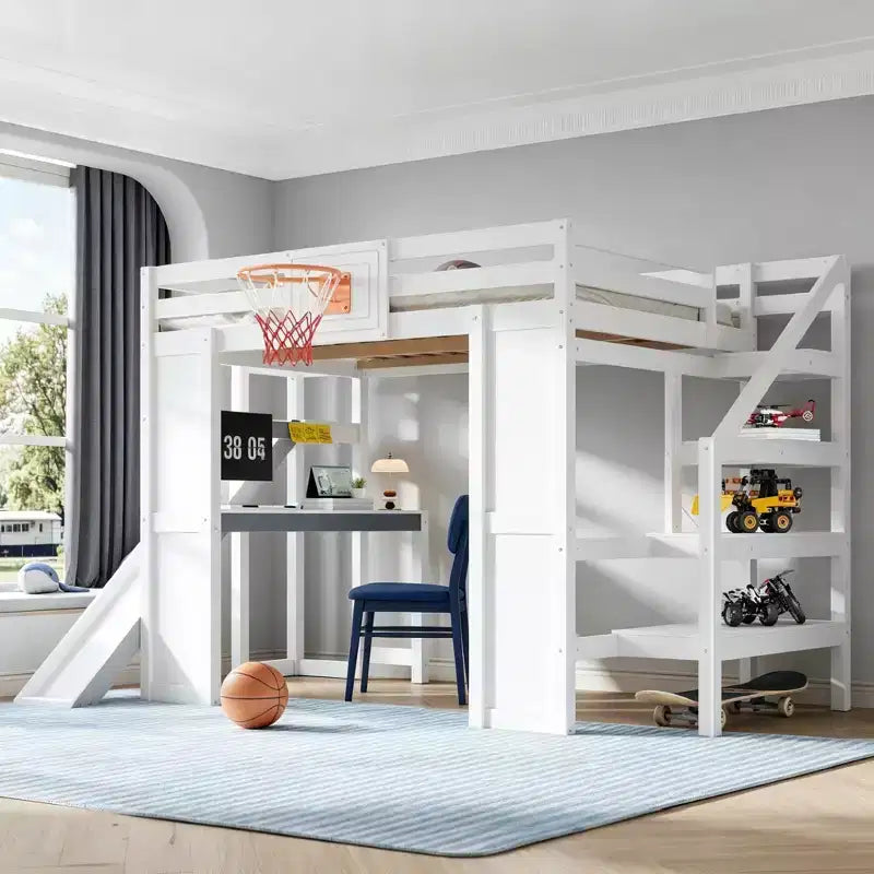 Luxystar Full Wooden Loft bed with Desk, Slide, Basketball hoop and Storage Staircase for Kids and Teens