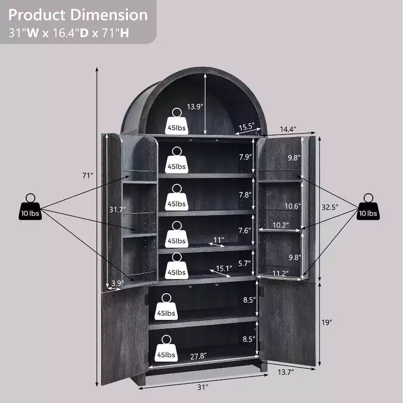 71 Tall Arched Kitchen Pantry, Modern Storage Cabinet with 3 Adjustable Shelves, 6 Door Shelves, for Kitchen, Living Room