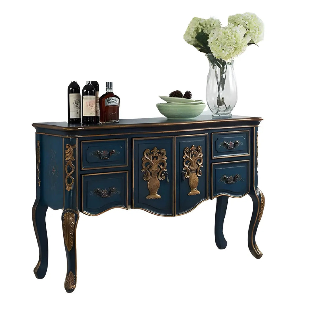 French Coffee Wood Storage Console Table with Drawers
