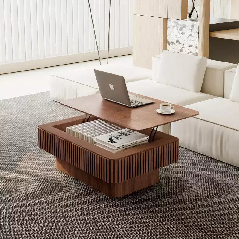 JVNOXK 38.6 Fluted Lift-Top Coffee Table with Storage, Solid Wood Veneer Adjustable Height Modern Accent Table for Living Room, Bedroom, Walnut