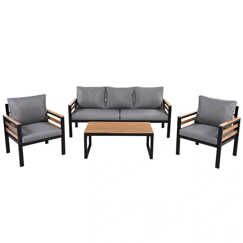 4-Piece Outdoor Sofa Set for 5 with Solid Wood Coffee Table and Removable Cushions