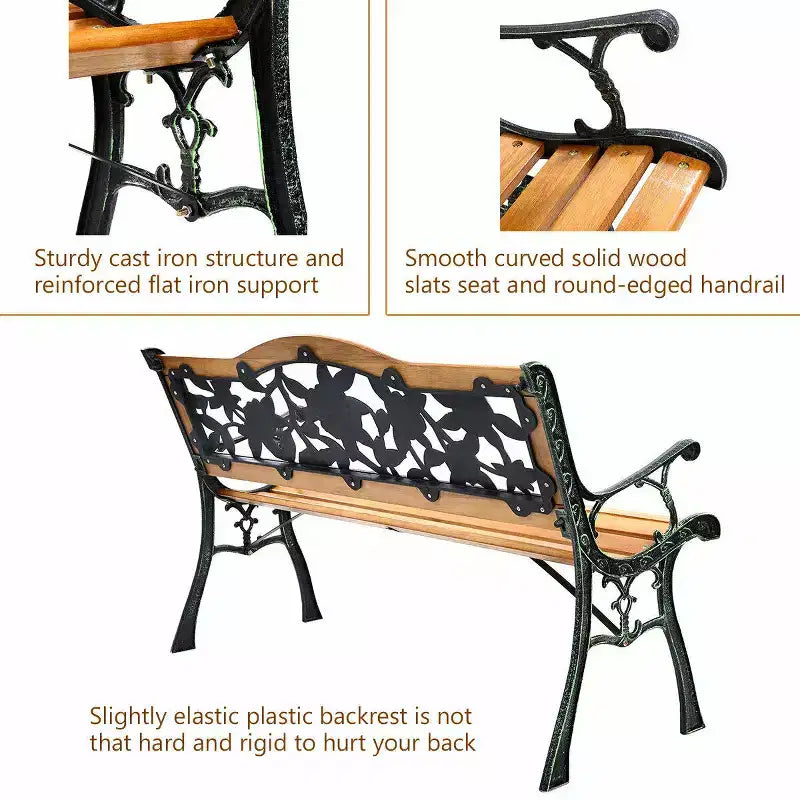 Costway Patio Park Garden Metal Bench Porch Path Chair Furniture Cast Iron Hardwood