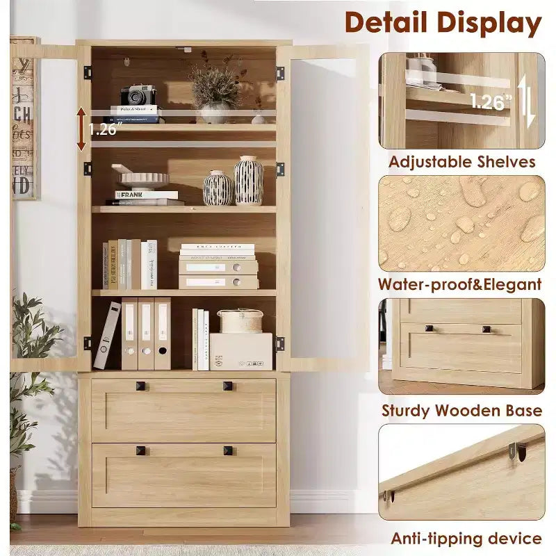 Farmhouse Kitchen Pantry Cabinet with Glass Doors, 72in Storage Cupboard with Drawers and Adjustable Shelves for Dining Room Bathroom Living Room