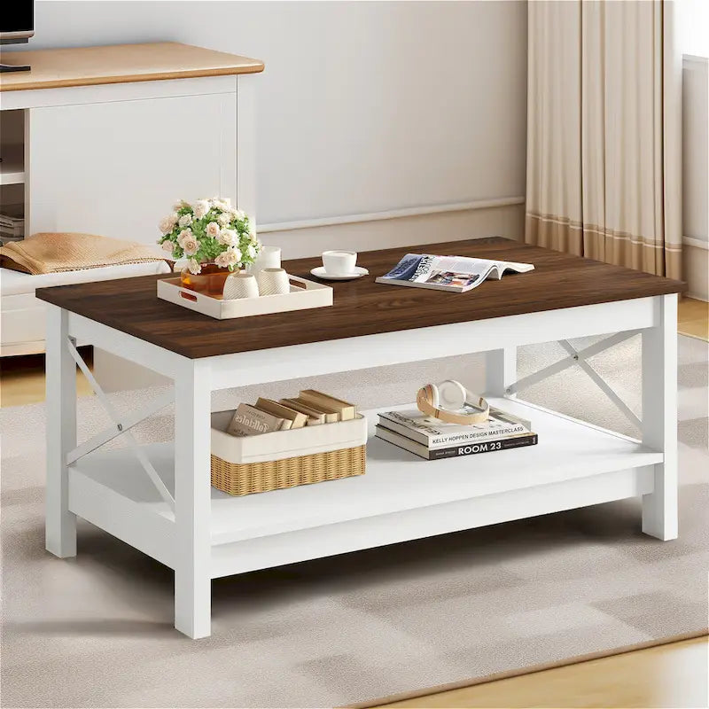 Farmhouse Wood Accent Coffee Table with Large Storage Shelf